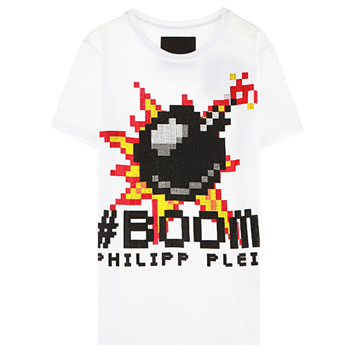 [필립플레인] HM340743 01 PHILIPP BOOM 스와로브스키 라운드 반팔티셔츠 화이트 남성 티셔츠 / TR,자체브랜드